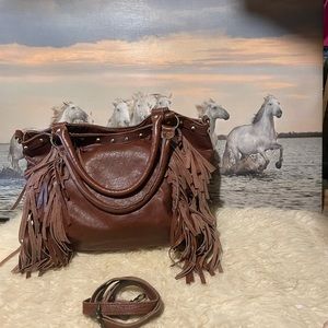 Raj Nikki XXL studded brown leather fringe bag